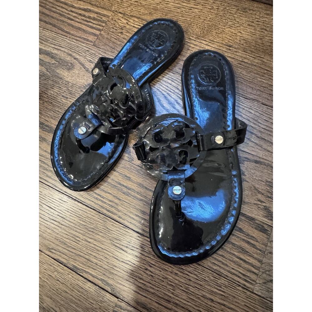 Tory Burch Black Patent Miller Logo Thong Sandals
